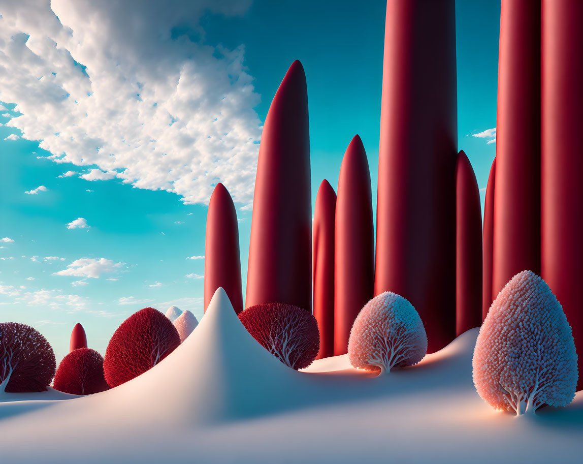 Vivid surreal landscape with red spires and organic shapes