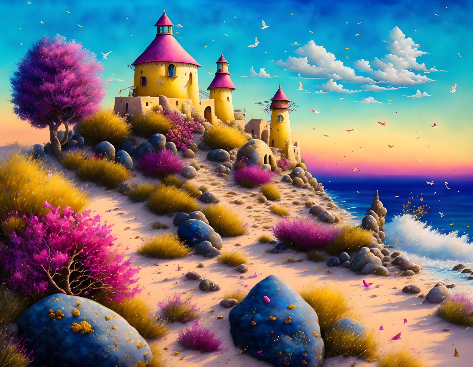 Vibrant purple foliage, sandy beach, castles, birds under sunset sky