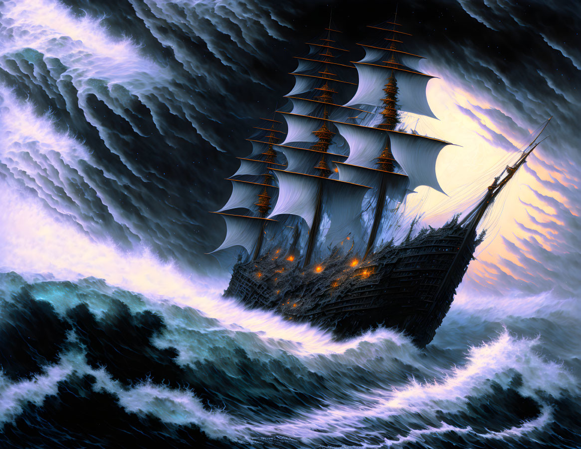 Majestic sailing ship in tumultuous seas under dramatic sky.