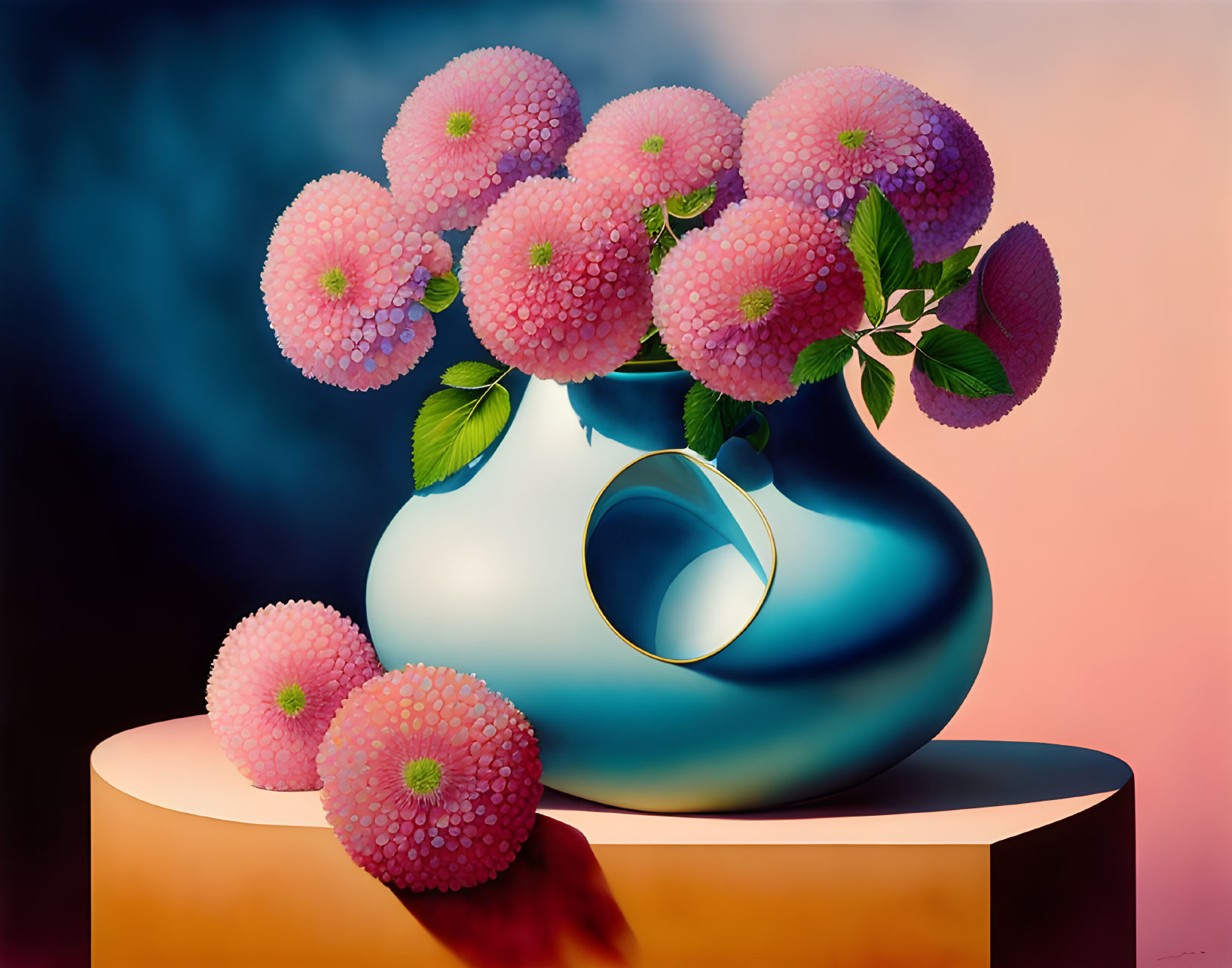 Surrealist painting with oversized pink flowers in glossy blue vase