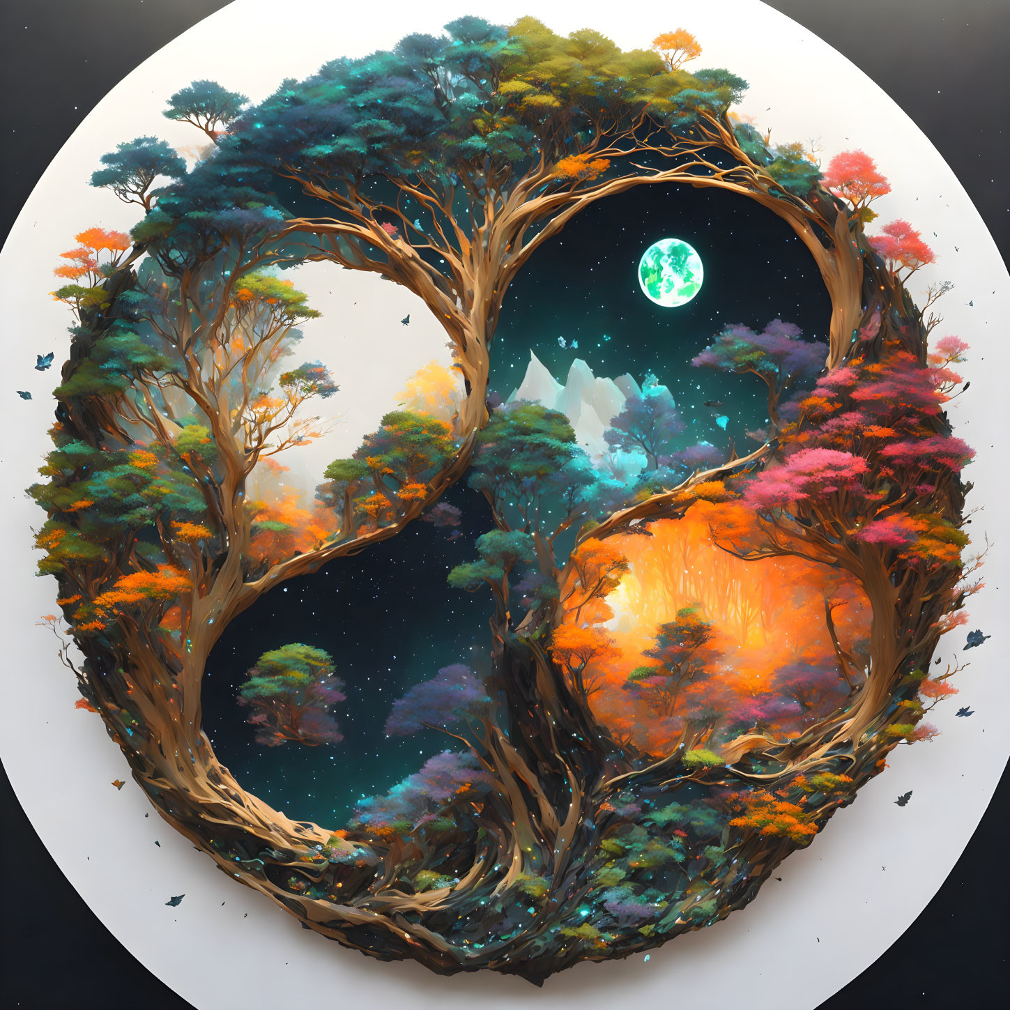 Circular forest scene with starry night sky and glowing moon amidst lush, colorful trees