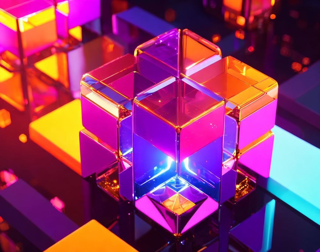 Neon-colored Cubes Forming Larger Cube in Dark Futuristic Setting