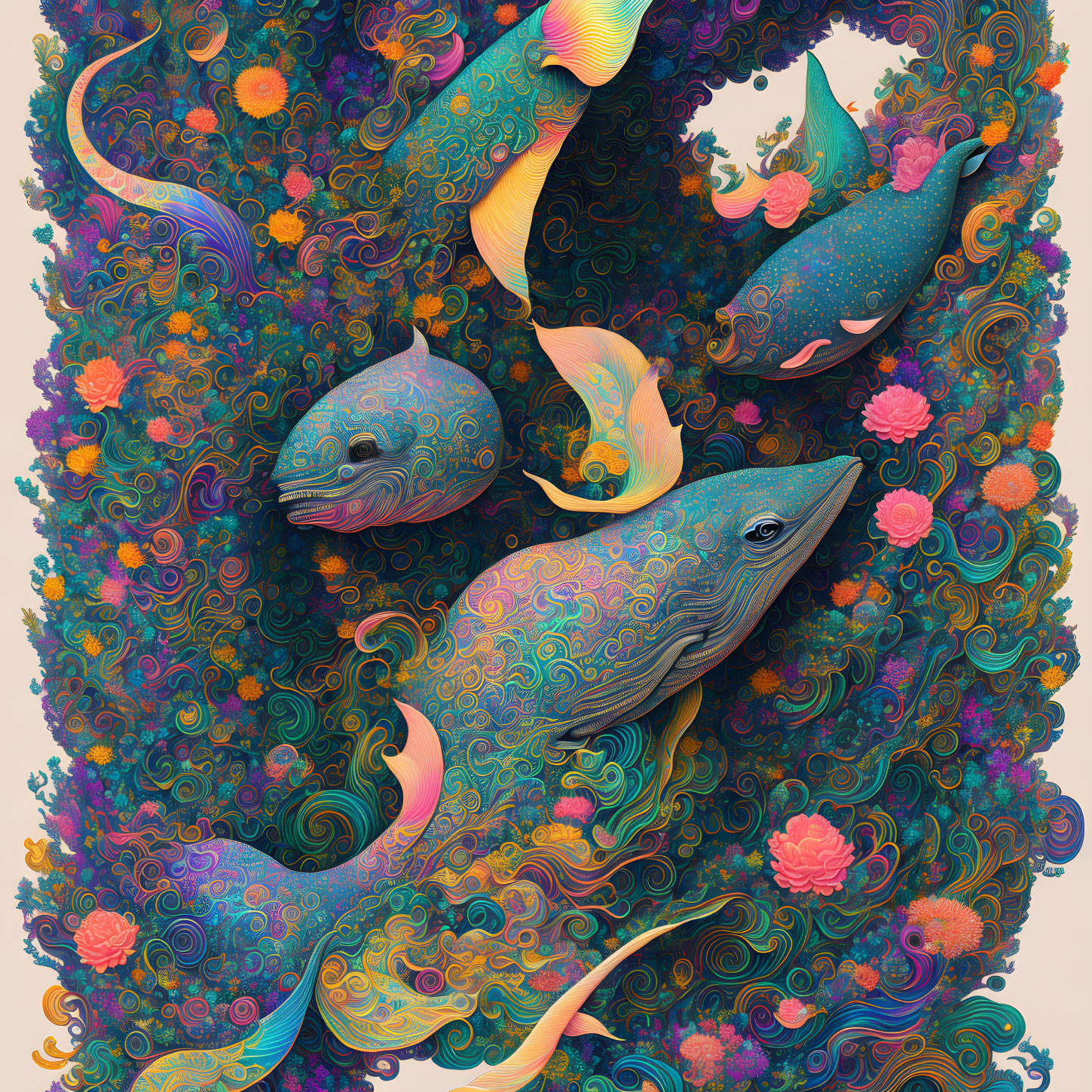 Colorful Stylized Whale Artwork with Sea Life in Fantasy Theme