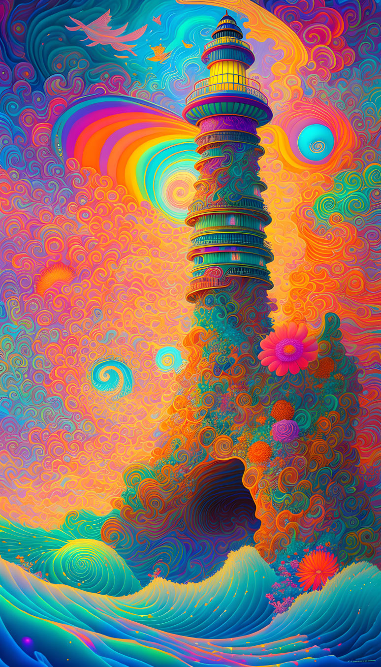 Colorful Pagoda Surrounded by Psychedelic Patterns and Whimsical Flora