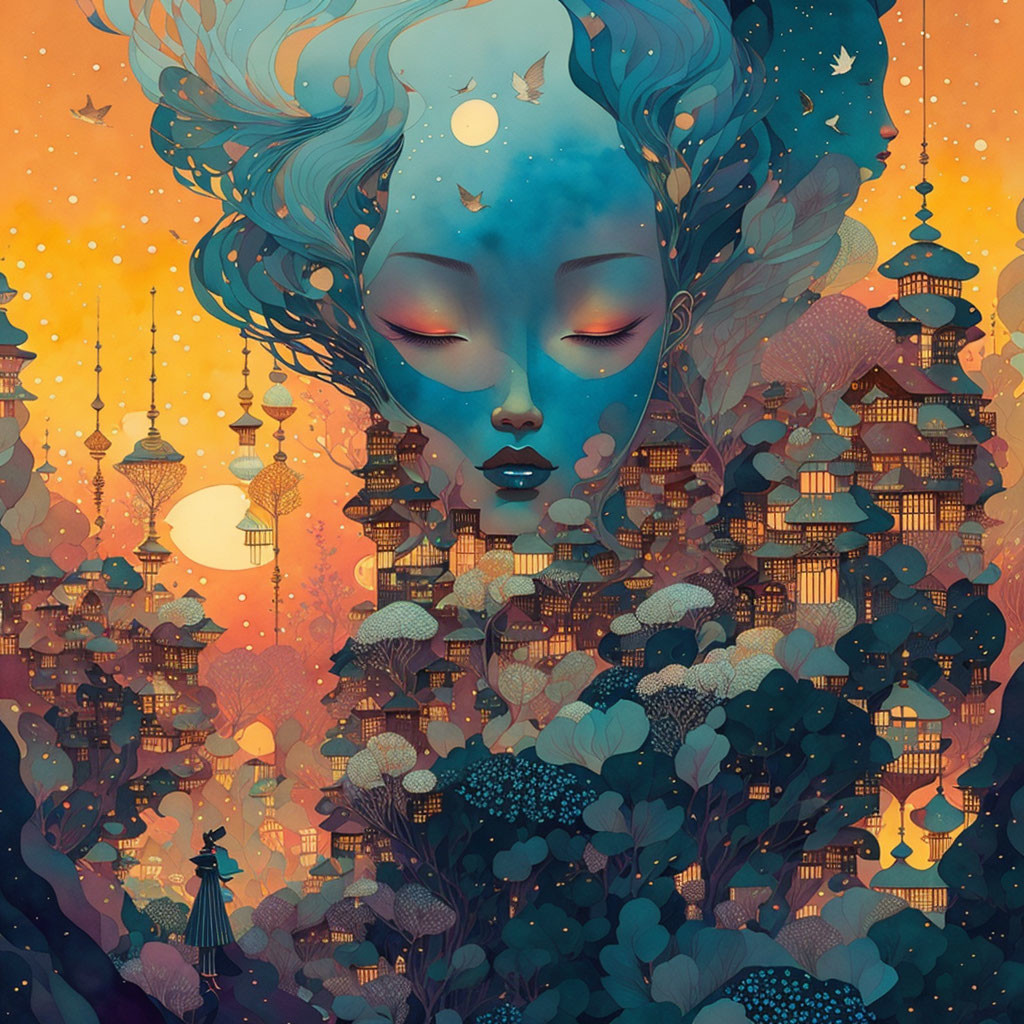 Blue-skinned woman in golden oriental cityscape under starry sky