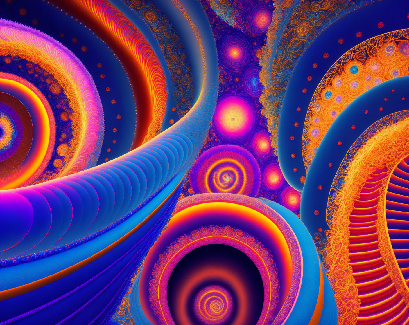 Colorful fractal image with spirals and intricate patterns in blue, orange, and purple.