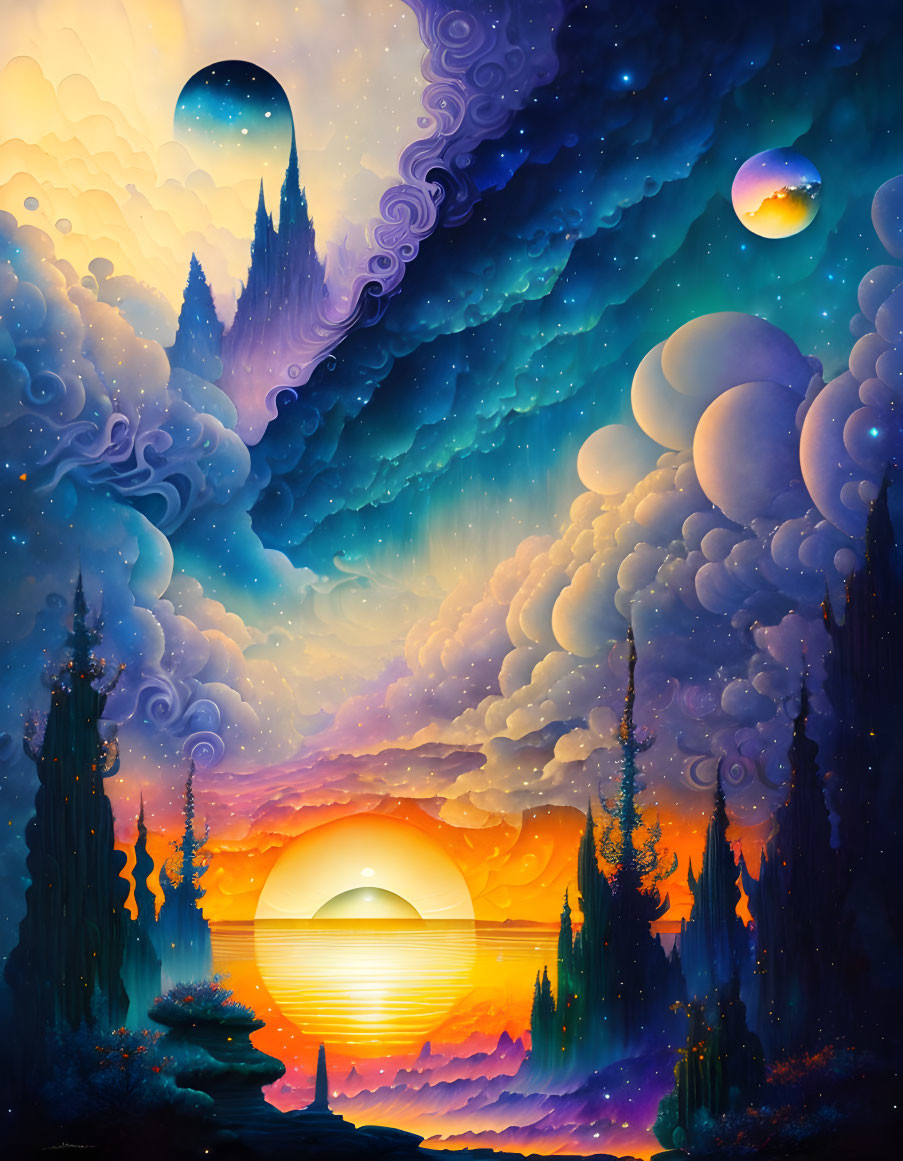 Surreal sunset landscape with towering spires and swirling clouds