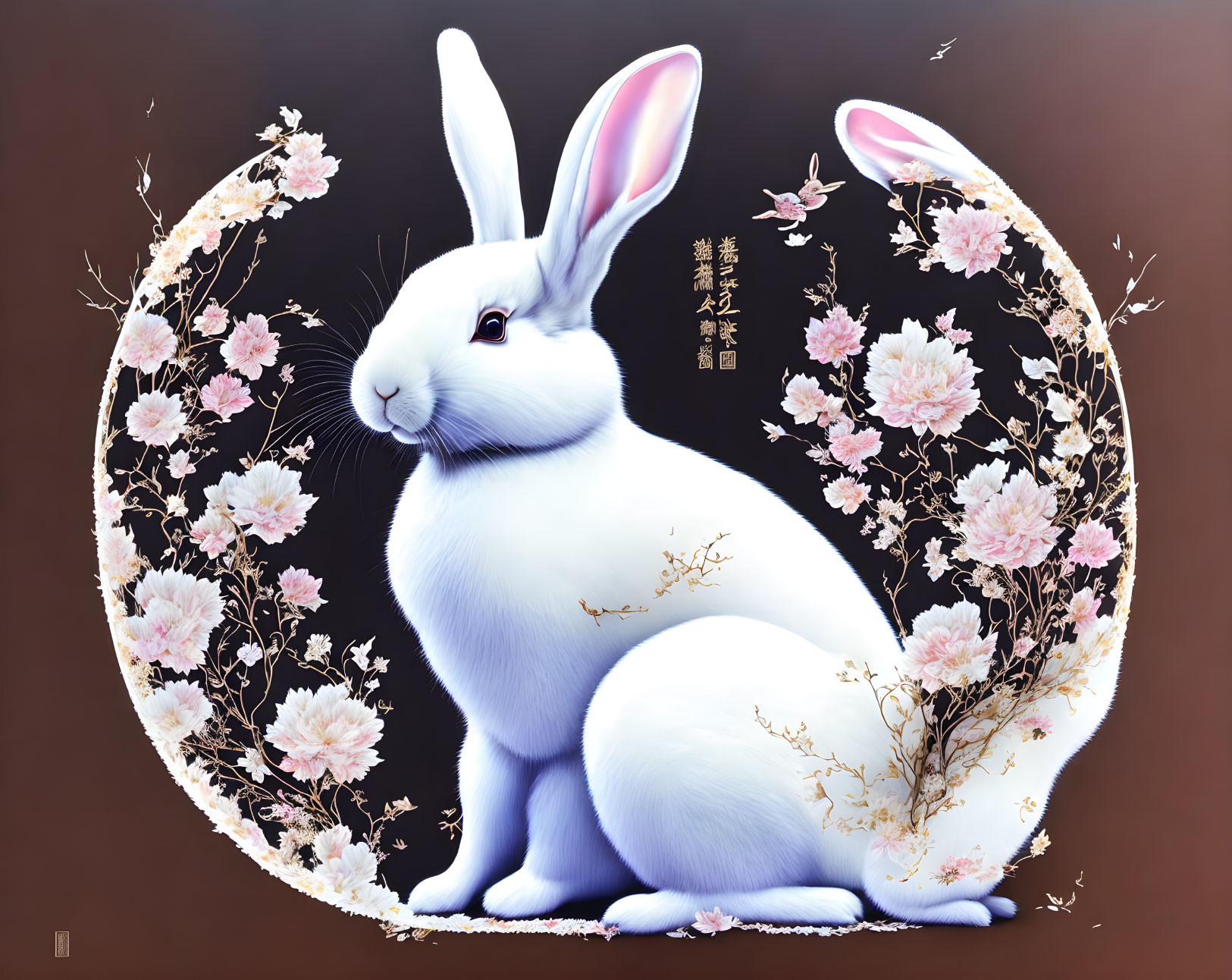 White Rabbit Surrounded by Pink Cherry Blossoms and Asian Characters