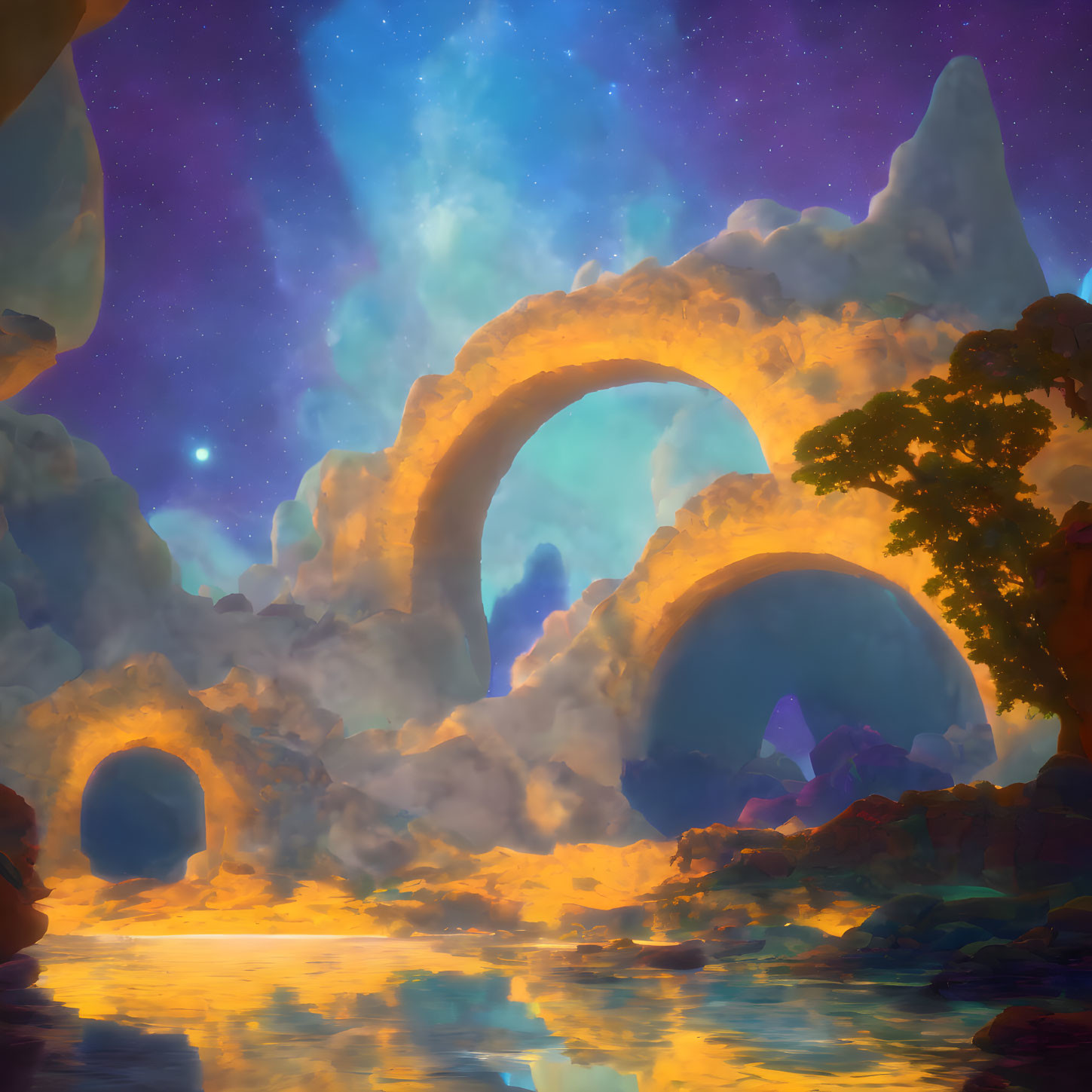 Fantastical landscape with glowing arches, reflective water, colorful crystals, tree, starry sky