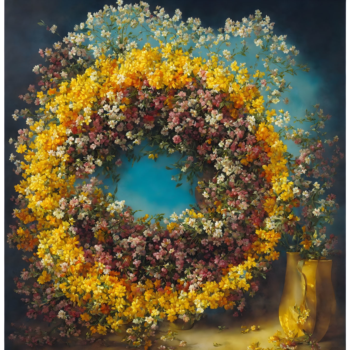 Colorful Floral Wreath with Yellow, Pink, and White Blossoms on Dark Background