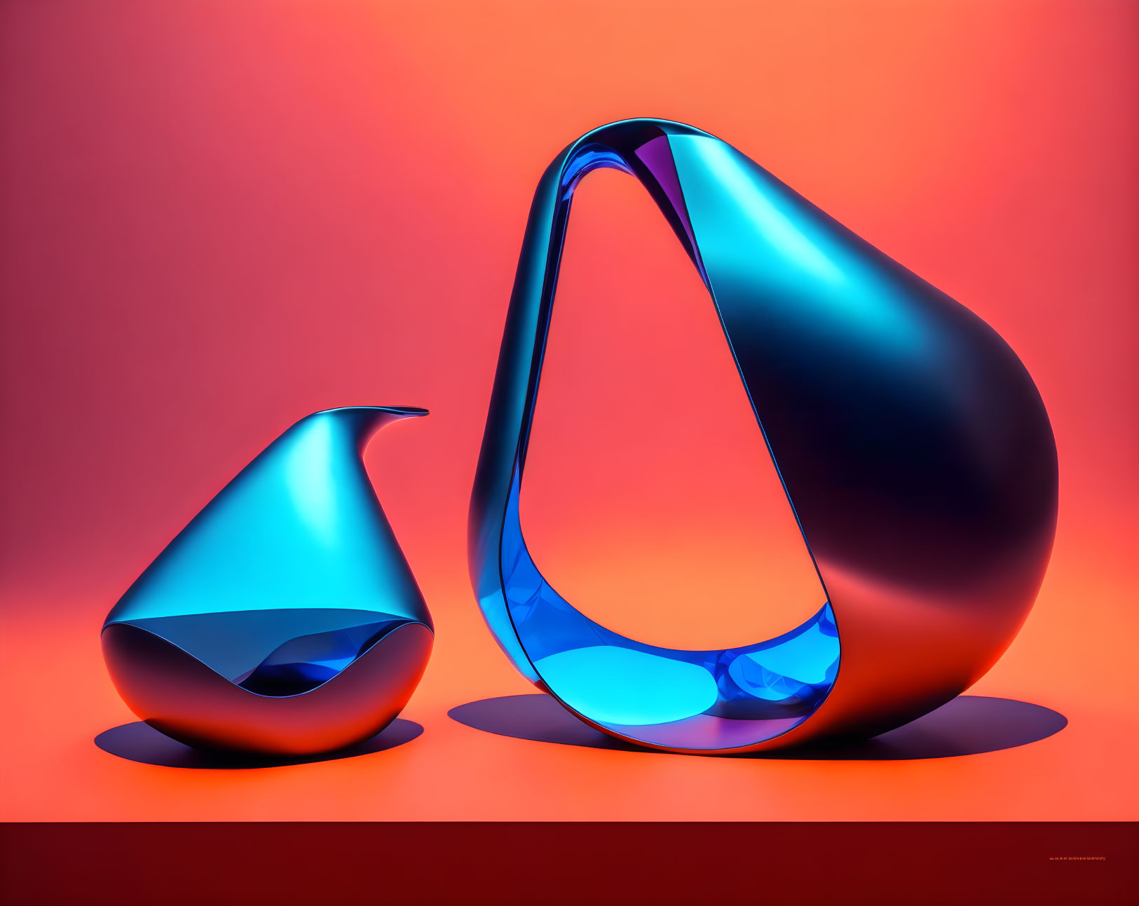 Abstract Blue Sculptures Reflecting Light on Red Background