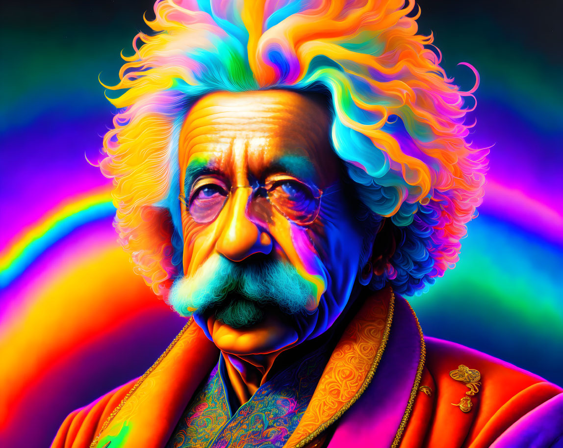 Colorful Portrait of Man Resembling Albert Einstein in Psychedelic Style