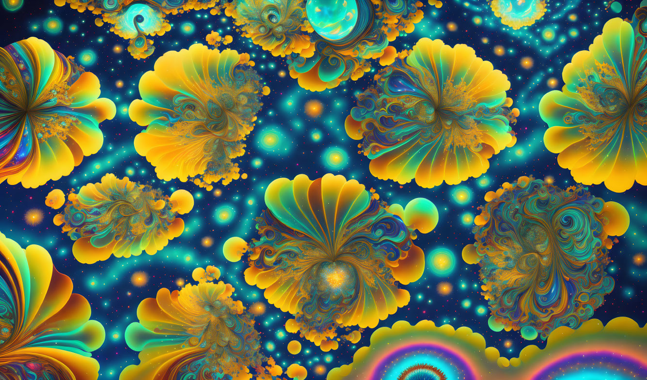 Colorful Fractal Art: Shells and Celestial Patterns in Blues, Oranges, and Y