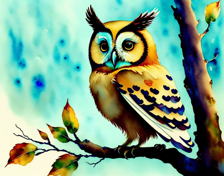 Colorful Owl Perched on Branch with Autumn Leaves and Blue Background