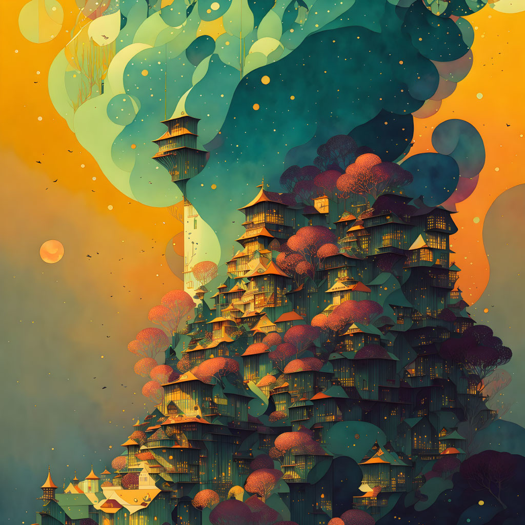 Colorful fantasy illustration of towering structure with trees under vibrant sky