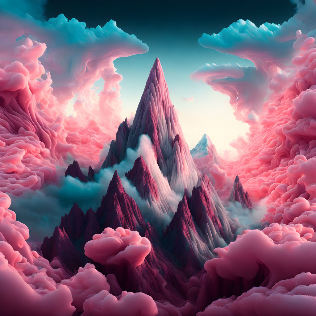 Pink-tinted peaks in surreal landscape under cotton-candy sky