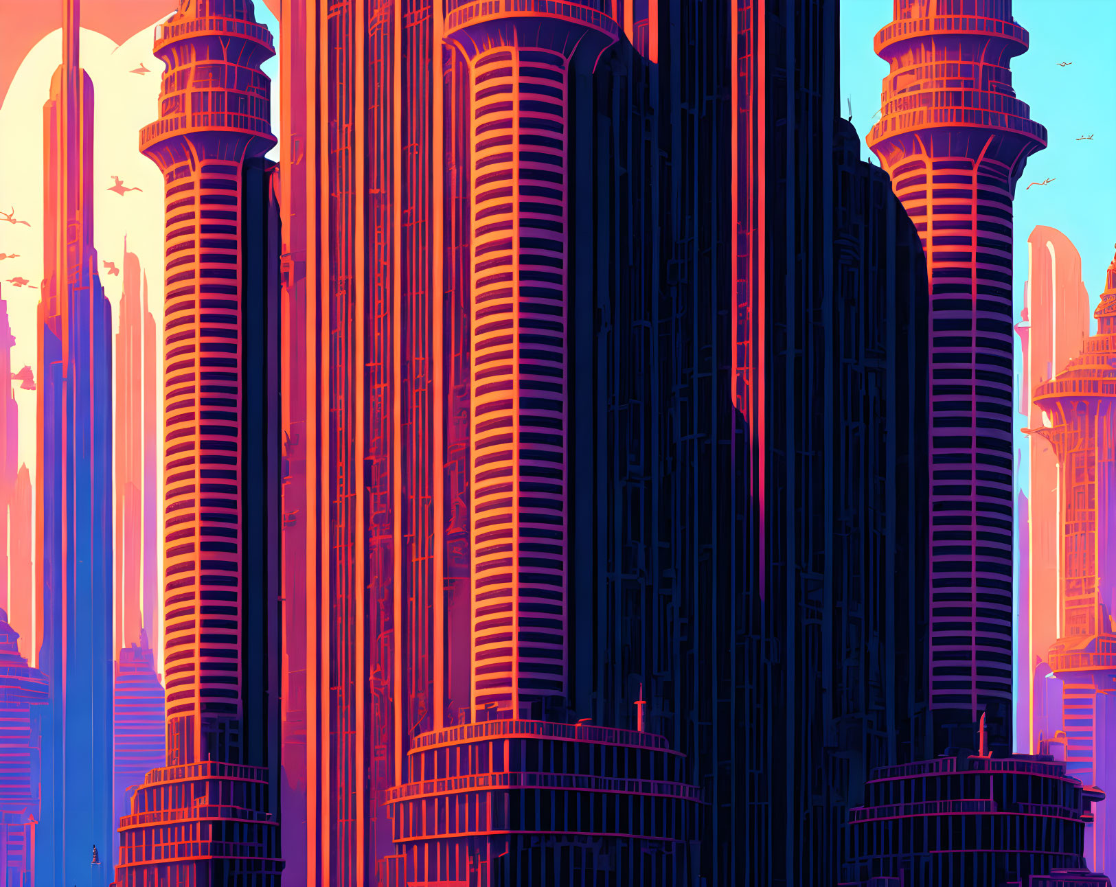 Futuristic cityscape with sleek skyscrapers in pink and blue gradient