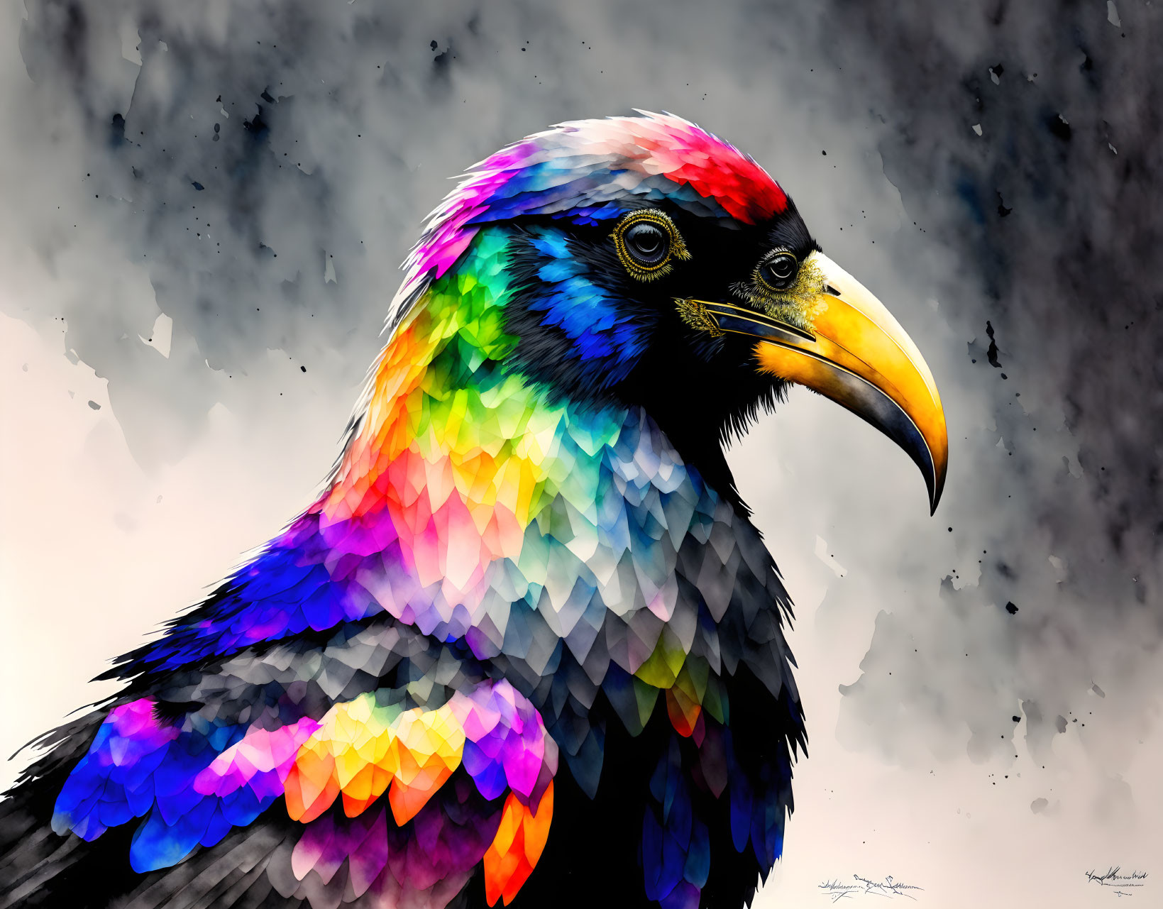 Colorful geometric raven against smoky background