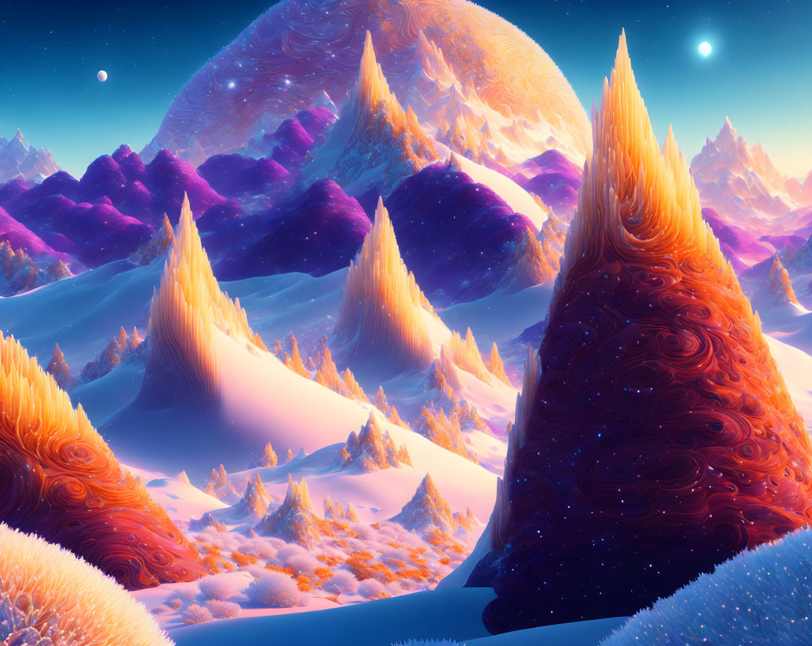 Alien planet digital art: orange and purple hues, spikey mountains, large moon.