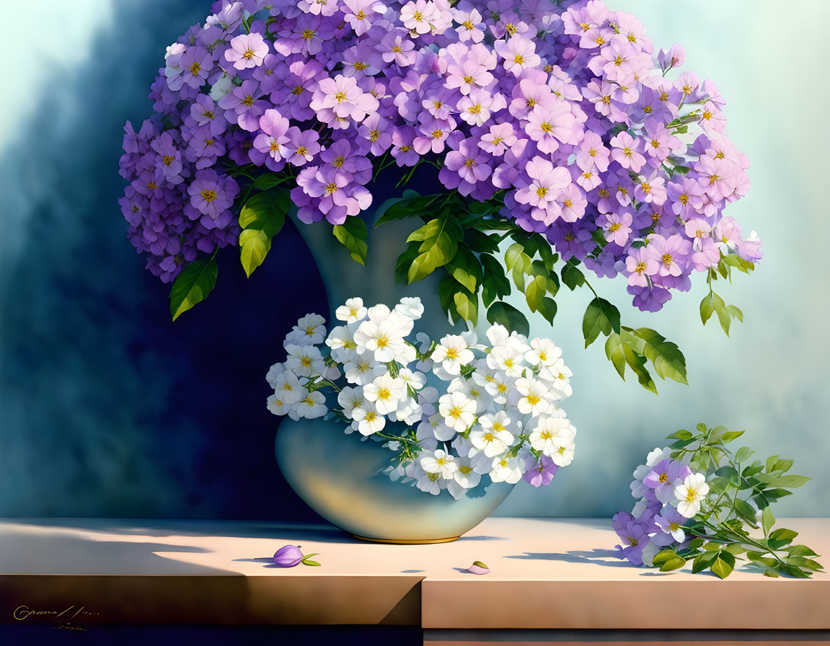 Colorful still-life painting of purple and white flowers in golden vase on blue gradient background