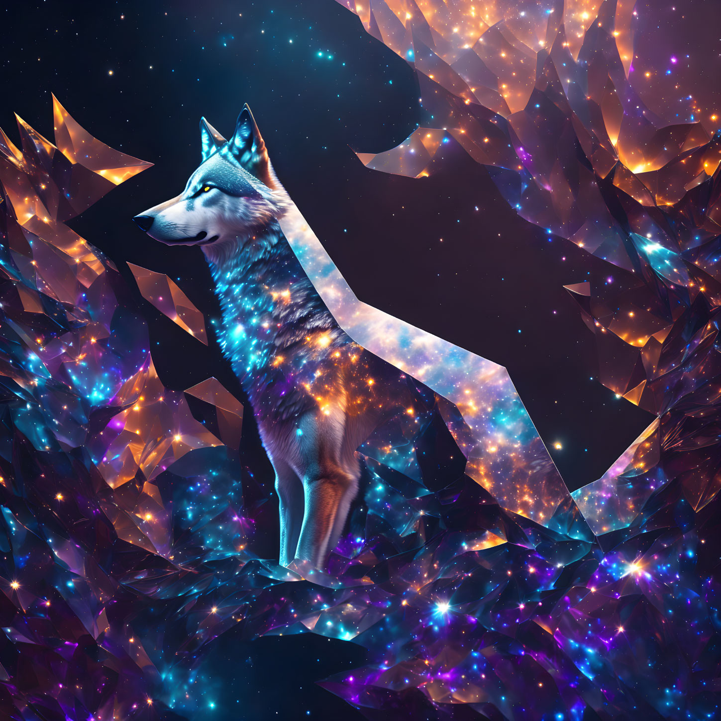 Cosmic wolf surrounded by shimmering crystals and stars in deep space