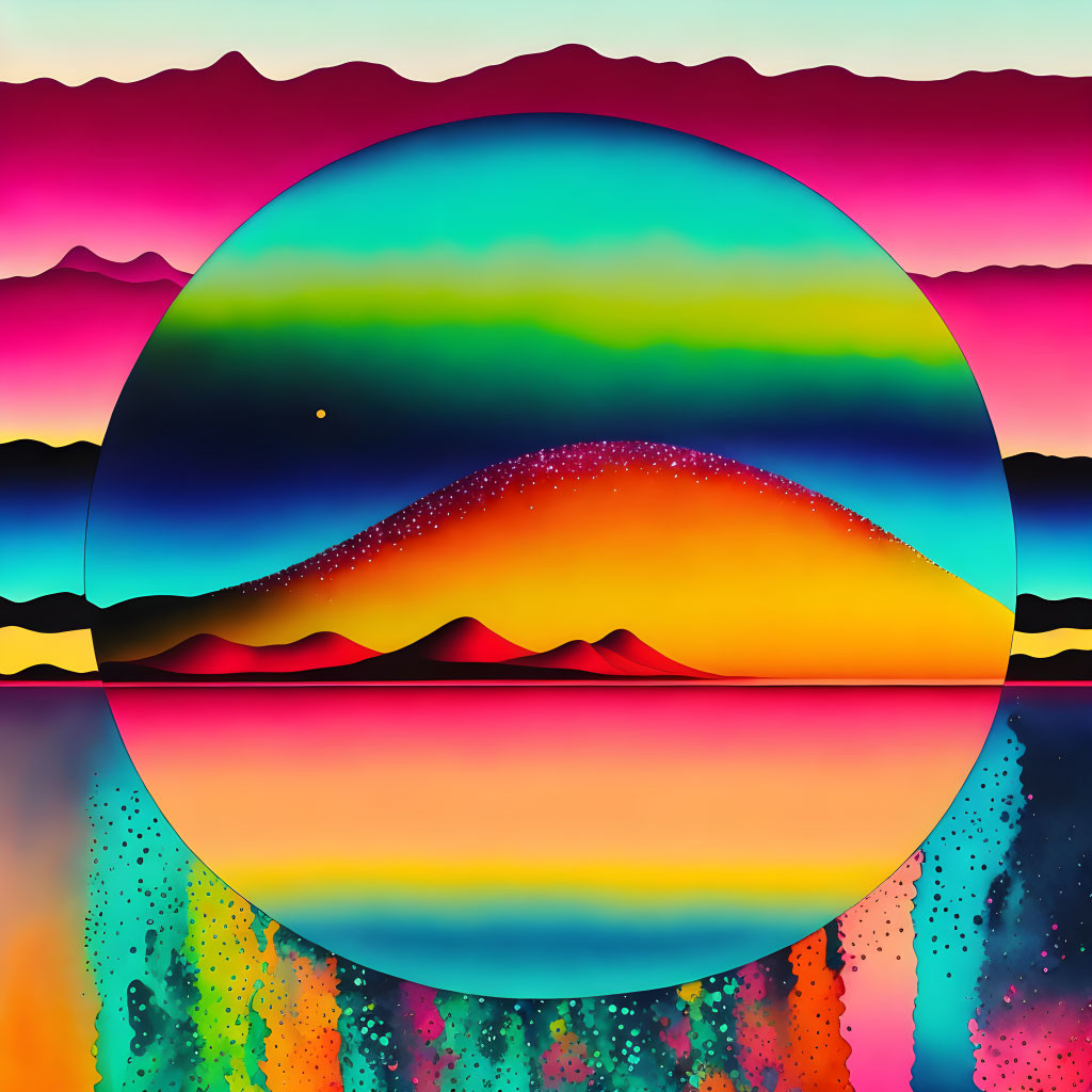 Colorful Abstract Landscape with Circular Motif and Layered Hills