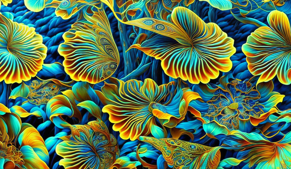 Colorful Abstract Floral Patterns in Blue, Orange & Yellow