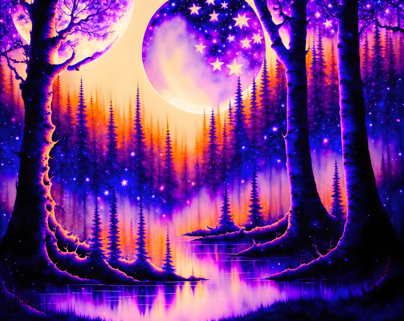 Purple fantasy forest with tall trees under starry sky and luminous moon reflecting in lake