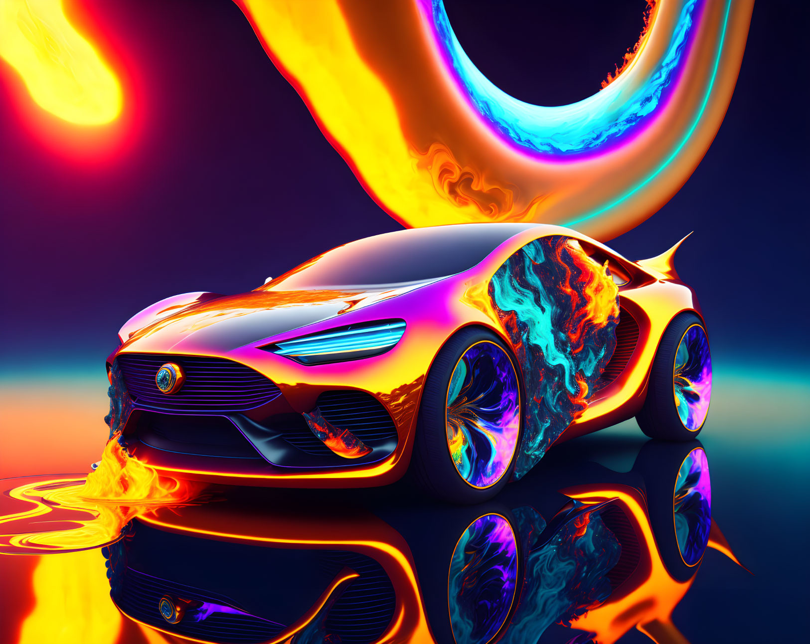 Iridescent futuristic car with flaming wheels on shiny surface under surreal sky