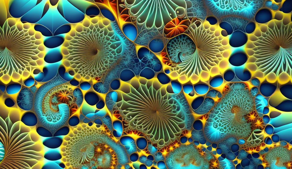 Colorful fractal art with intricate shell and spiral patterns in blue, orange, and gold.