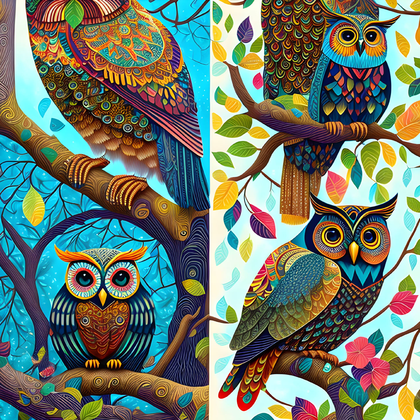 Colorful Owl Illustration with Branches and Leaves