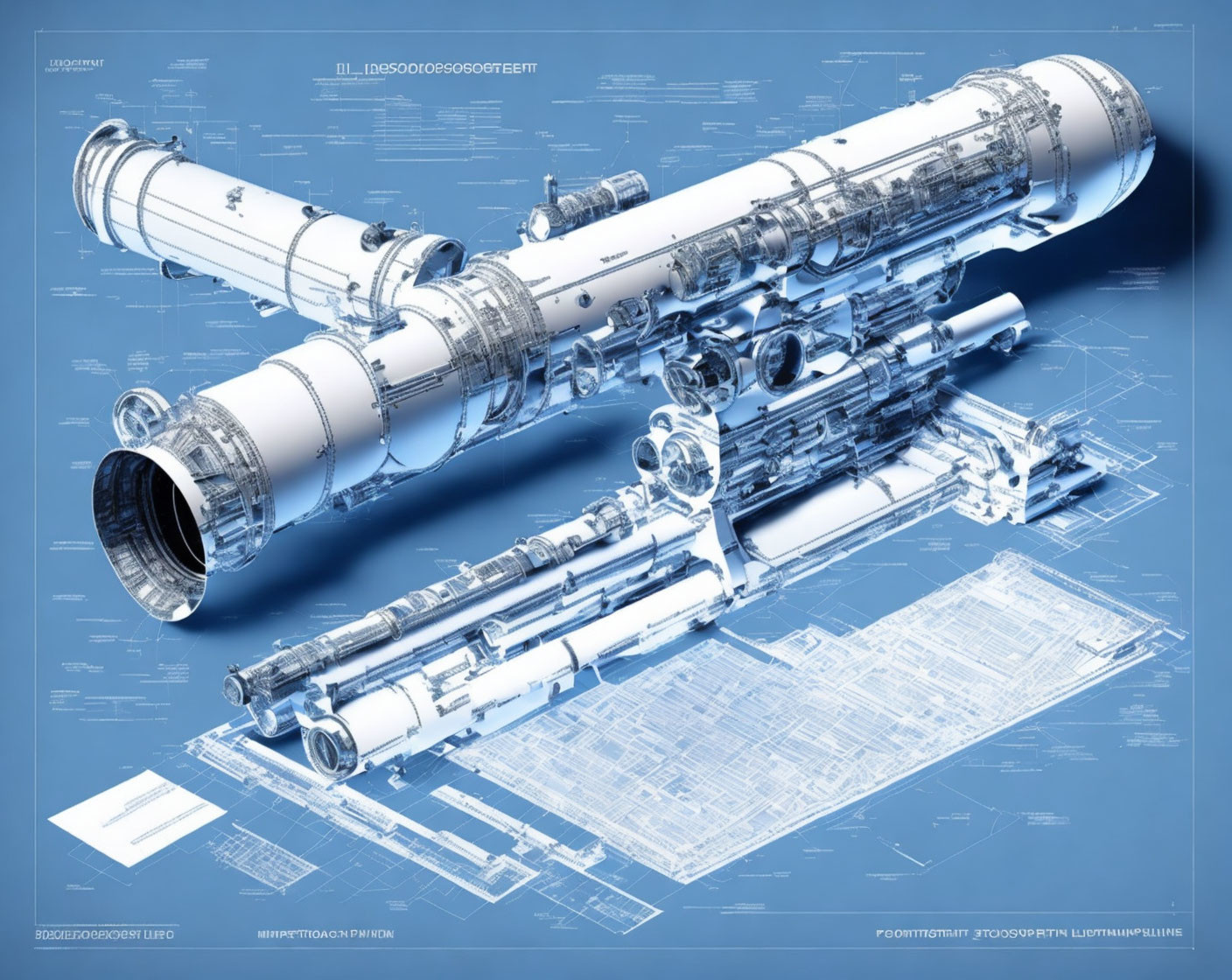 Detailed Mechanical Device Blueprint on Blue Background