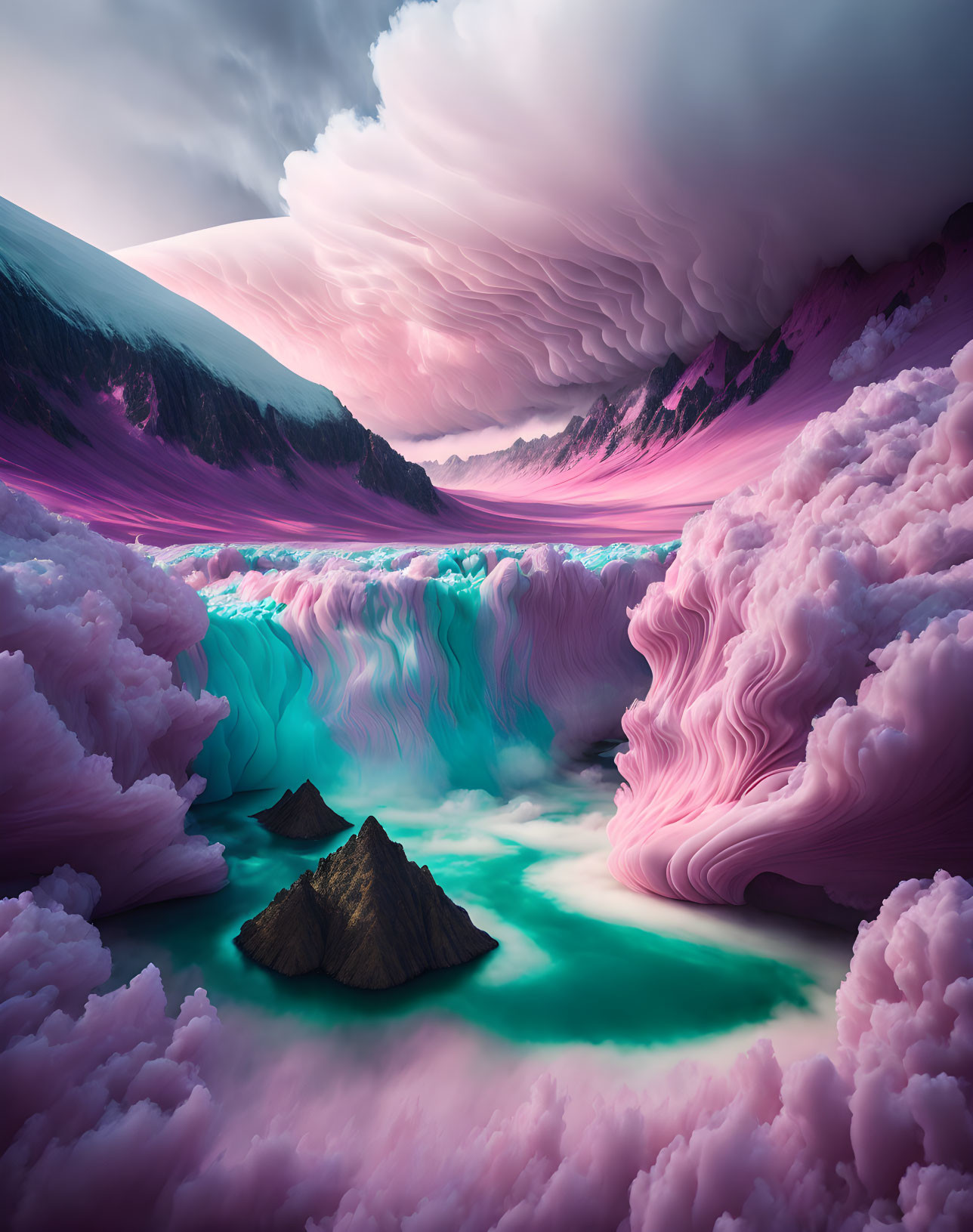 Vibrant surreal landscape with pink clouds, turquoise ocean, and dark peaks