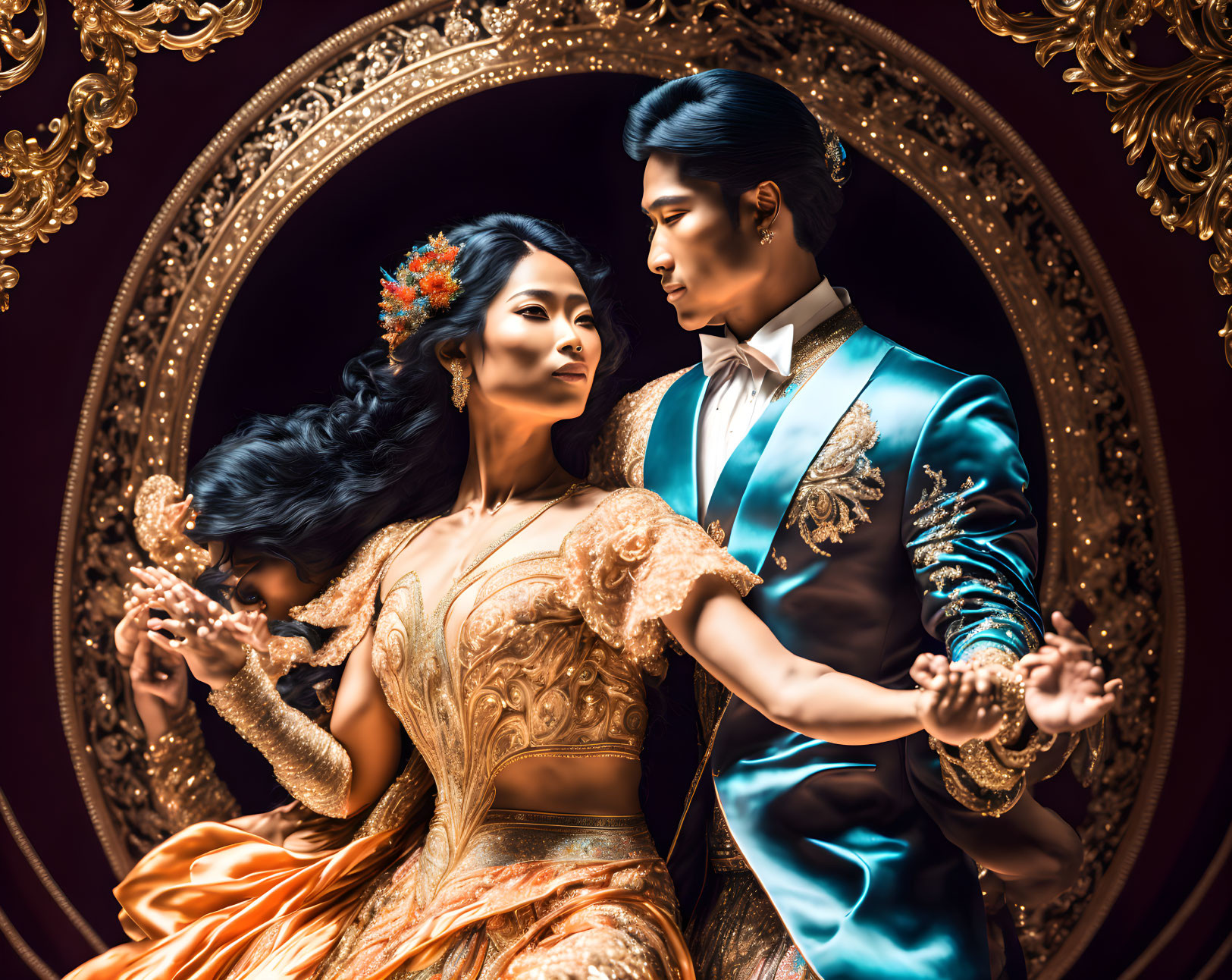 Regal couple in ornate traditional attire within golden baroque frame