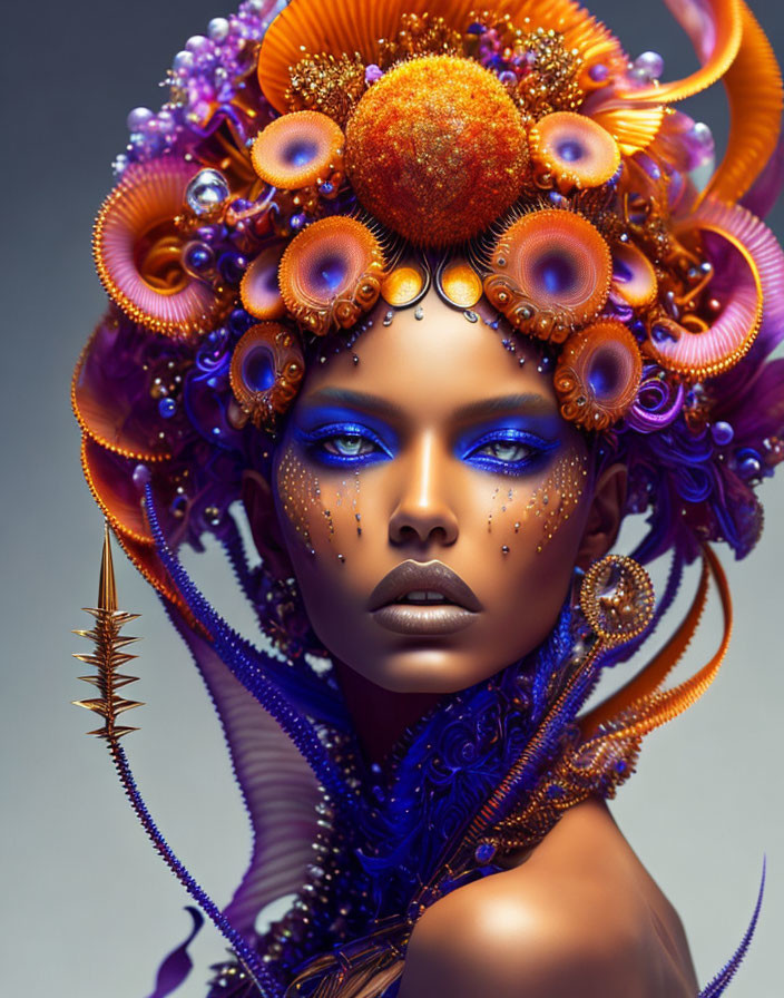 Exotic makeup and marine-inspired headdress in vibrant colors