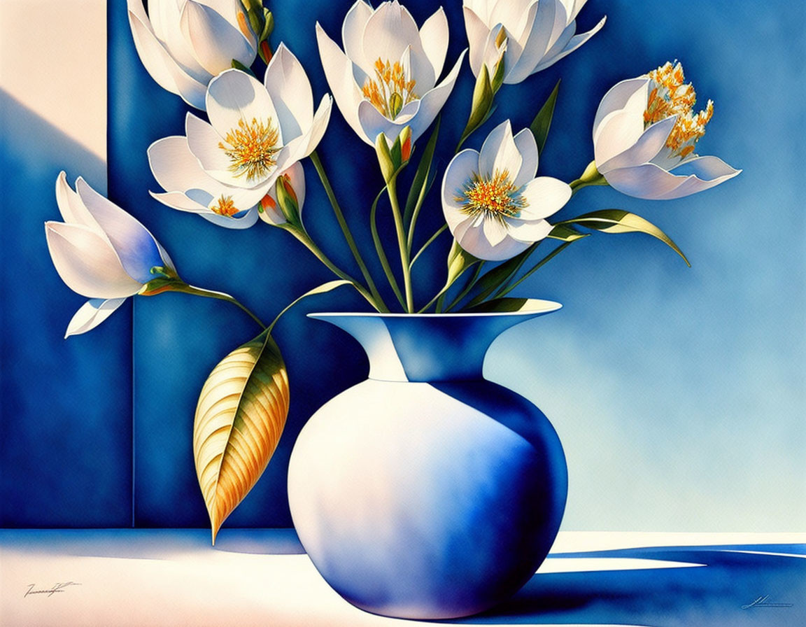 White Flowers with Yellow Centers in Blue Vase on Geometric Background