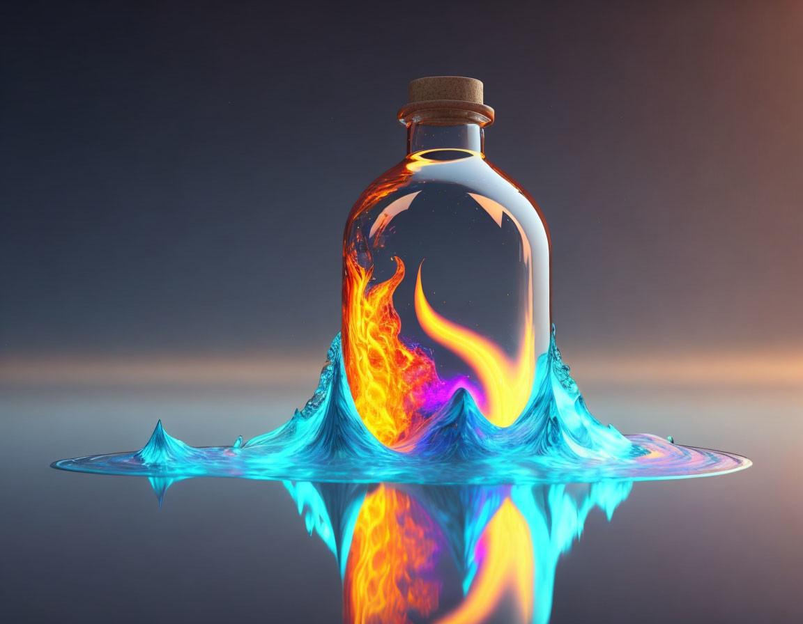 Glass bottle with cork stopper in blue flames on reflective surface