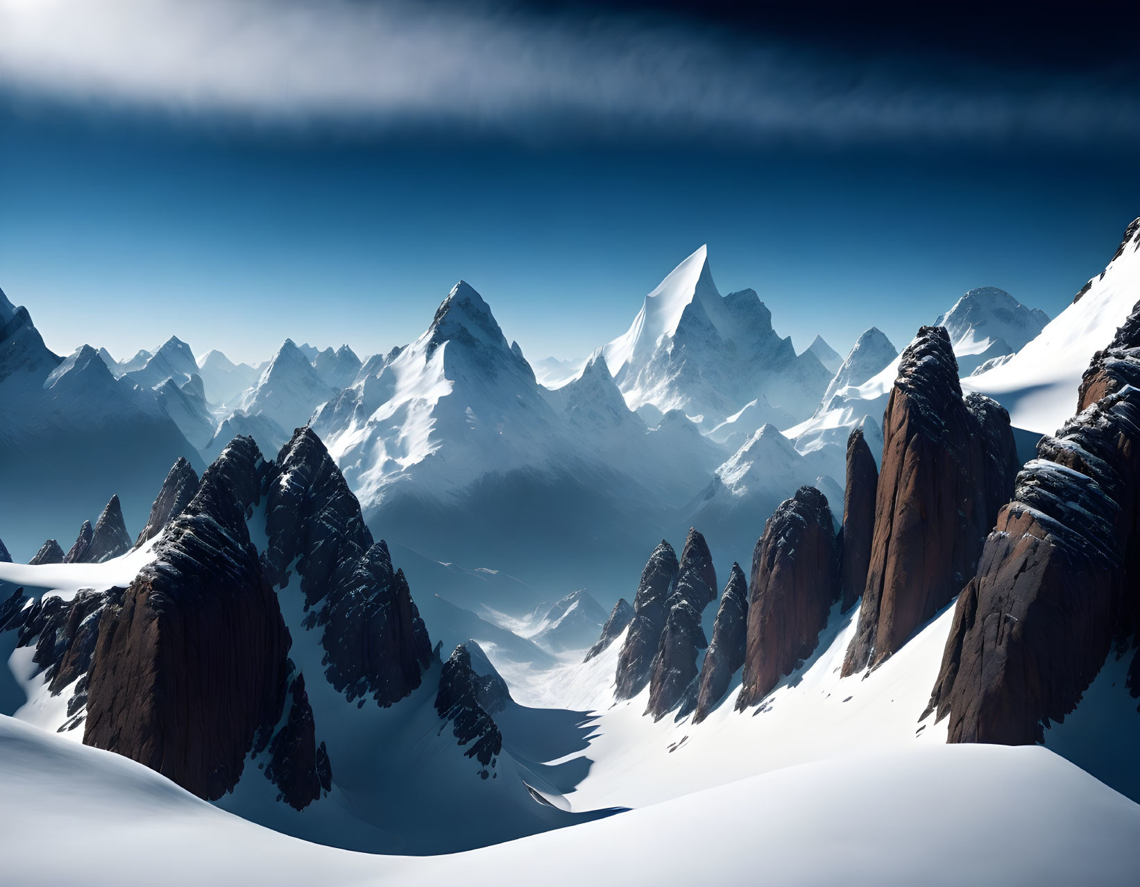 Snowy Mountain Landscape with Sharp Peaks and Valleys