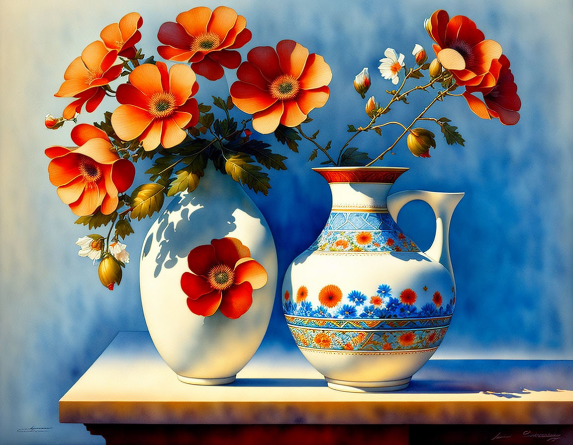 Colorful painting of red and white flowers in ceramic vases on blue background