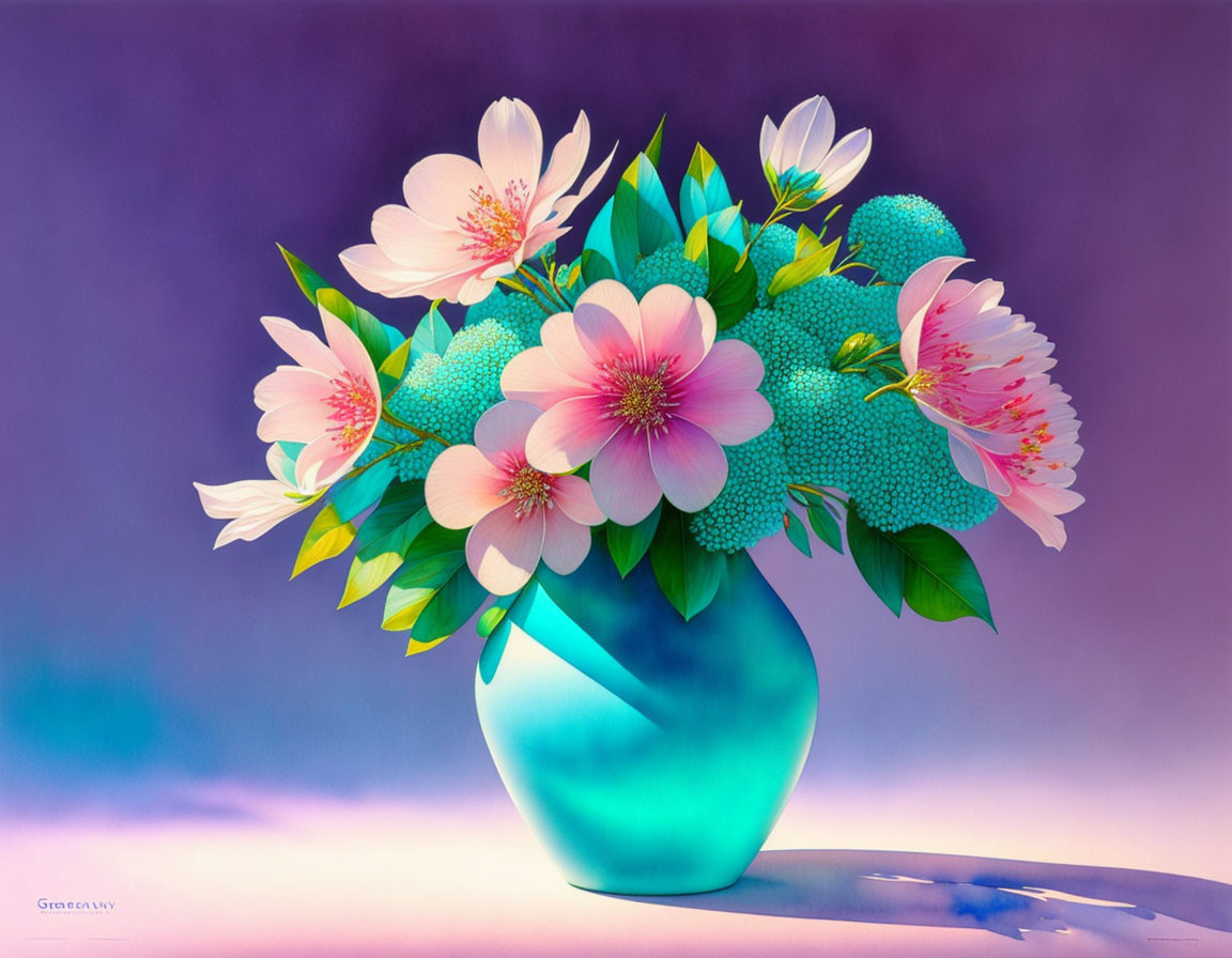 Pink and White Flowers in Turquoise Vase on Purple Background