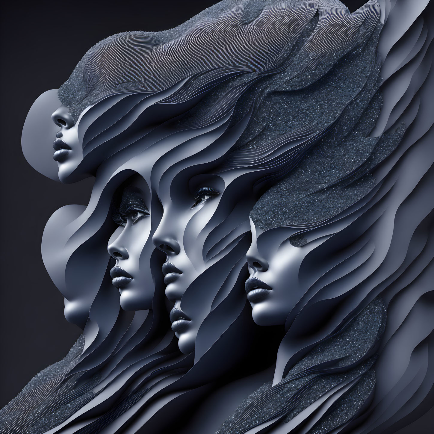 Abstract Monochromatic Artwork: Stylized Female Faces with Flowing Hair