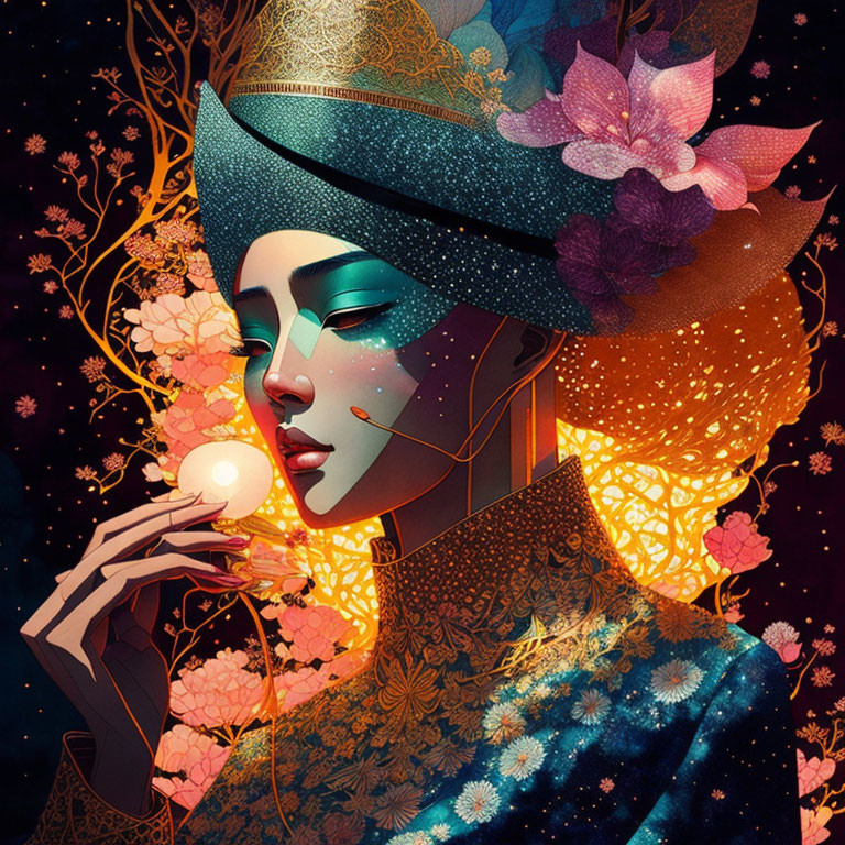 Illustration of woman in turban with glowing flowers on starry night.