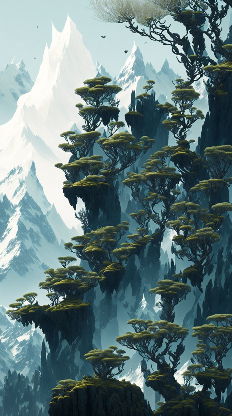 Ancient tall trees and snow-capped mountains under a hazy sky