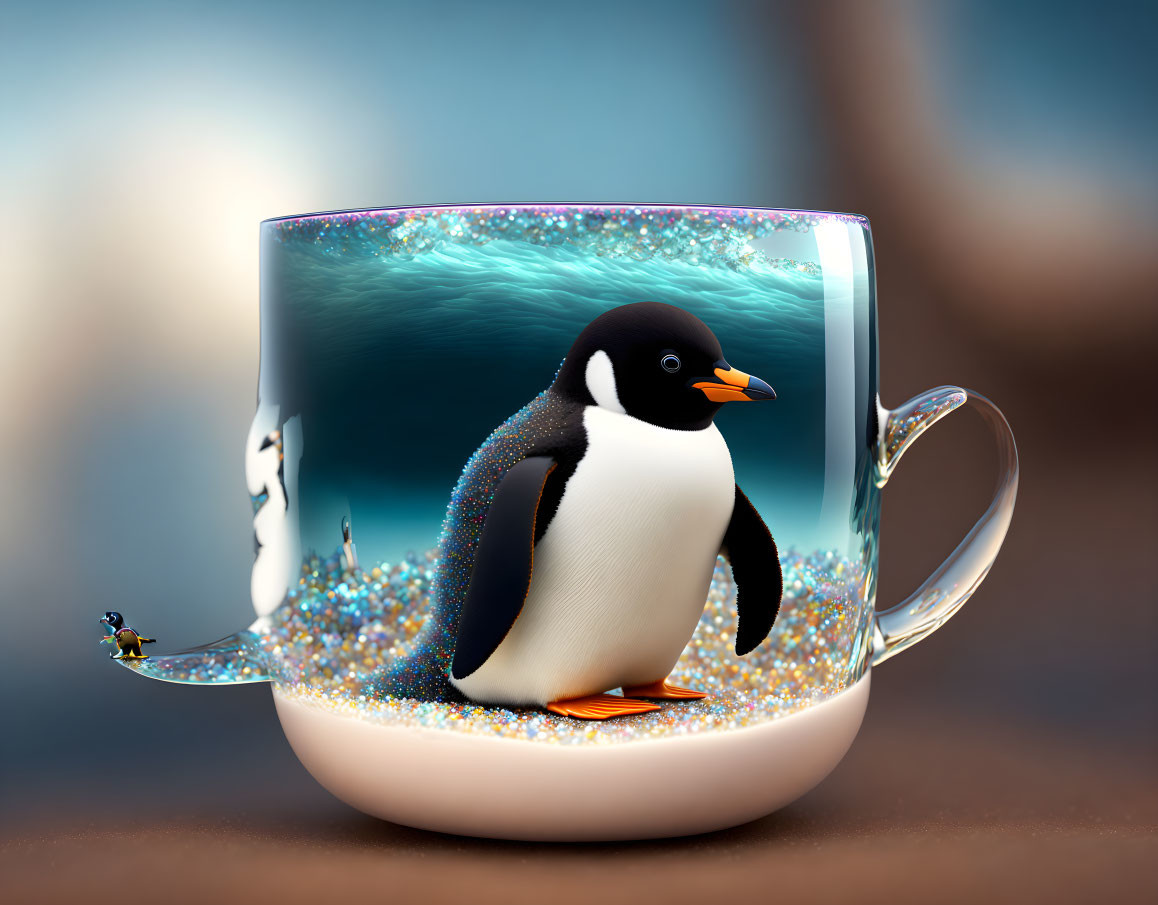 Whimsical penguin in cup with confetti and surreal liquid scene