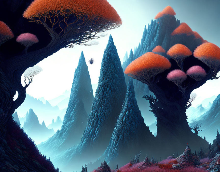 Surreal landscape with towering blue conical formations and orange canopy-like trees under hazy sky