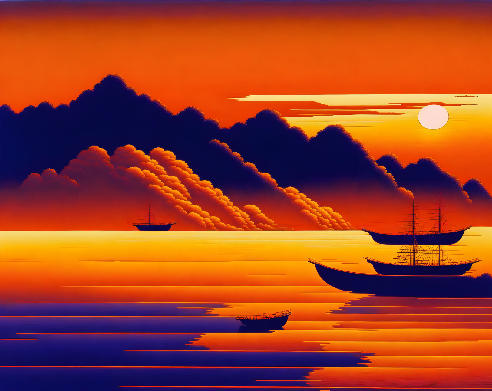 Vivid sunset with orange and red hues over calm waters, sailboats silhouettes, fluffy clouds