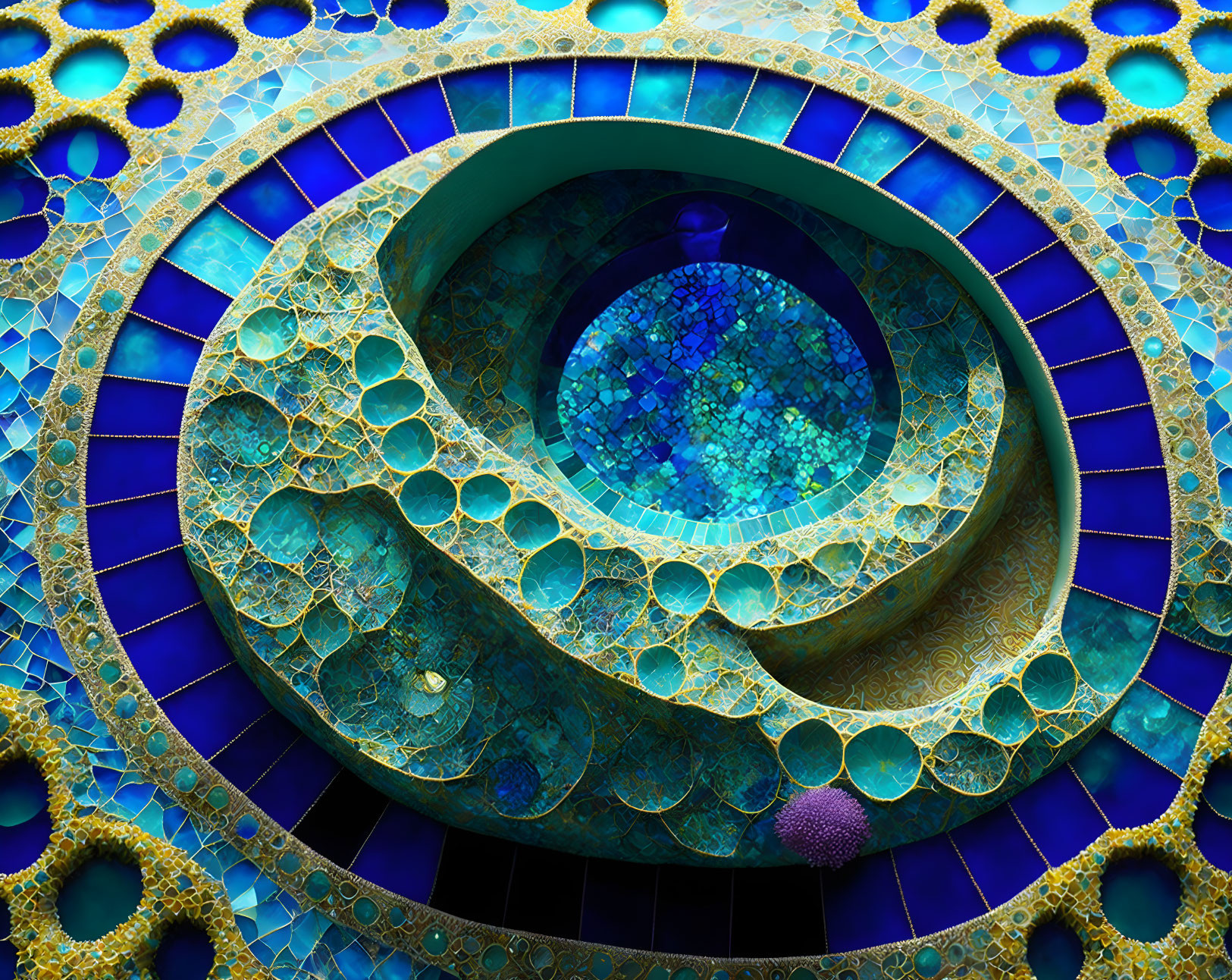 Intricate Fractal Design: Spiraling Staircase in Blue and Gold