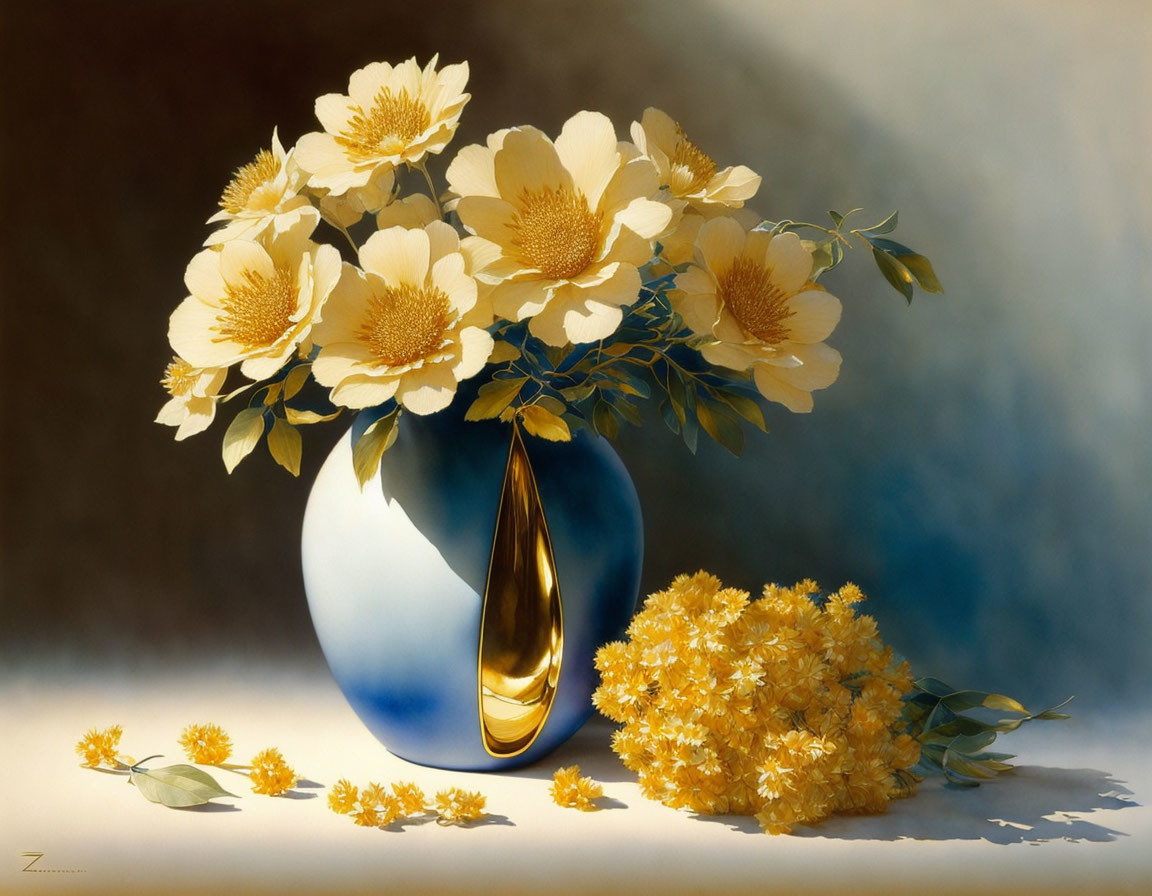 Yellow Flowers in Blue Vase with Gold Detailing on Shaded Background