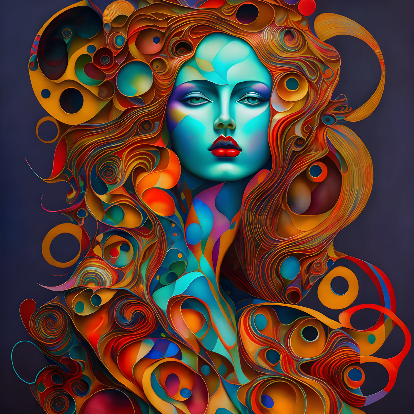 Colorful digital artwork of stylized woman with swirling patterns and circles in hair