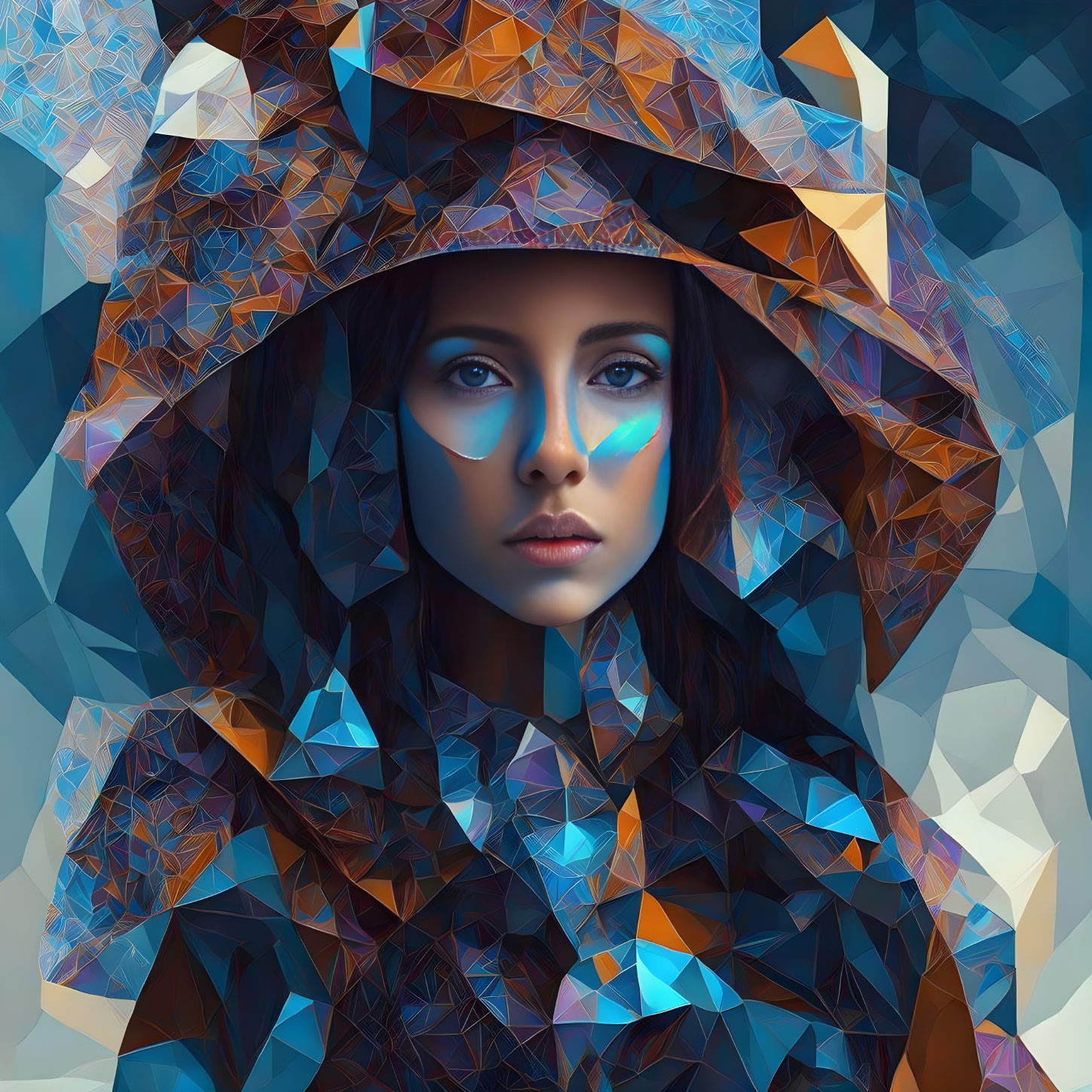 Geometric overlay on woman's portrait with cool-hued triangles